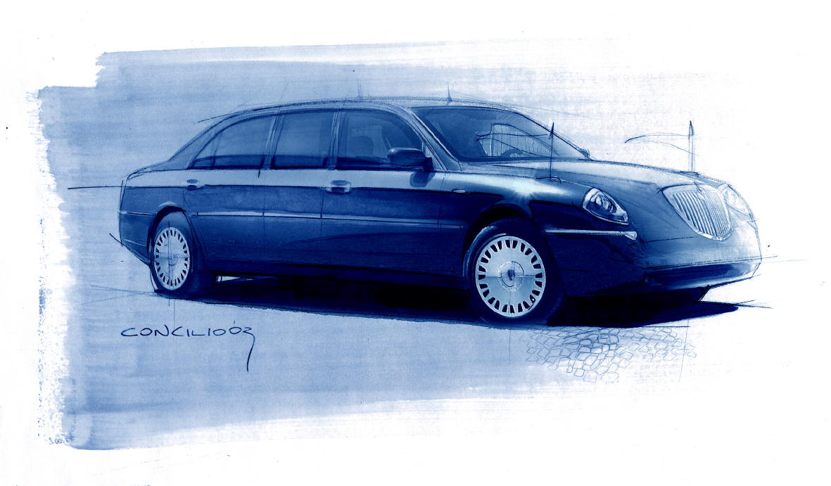 Uno sketch per la S85,  la Limousine su base Lancia Thesis realizzata dalla Stola nel 2003 (disegno di Giancarlo Concilio)