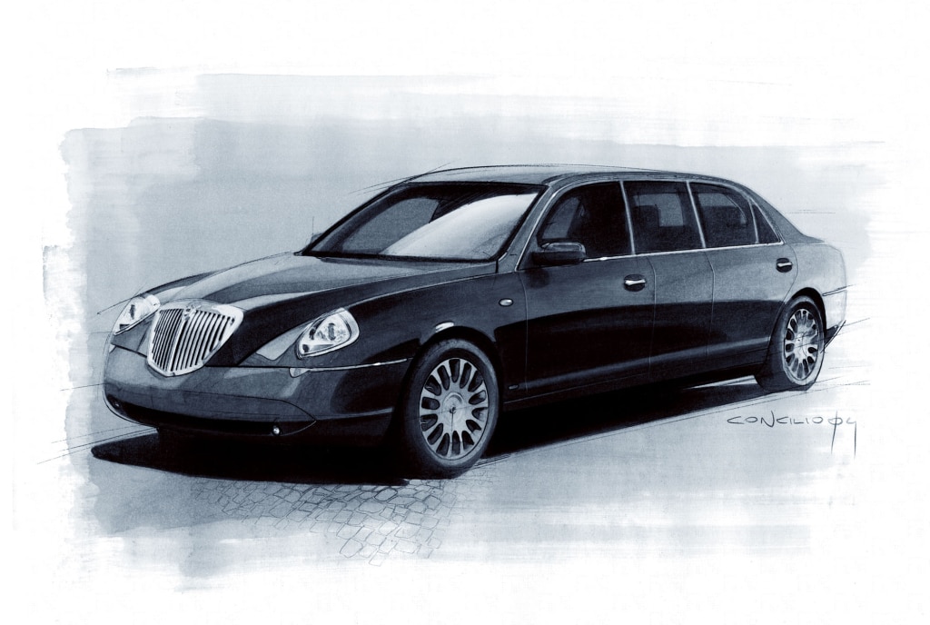 Uno sketch per la S85,  la Limousine su base Lancia Thesis realizzata dalla Stola nel 2003 (disegno di Giancarlo Concilio)